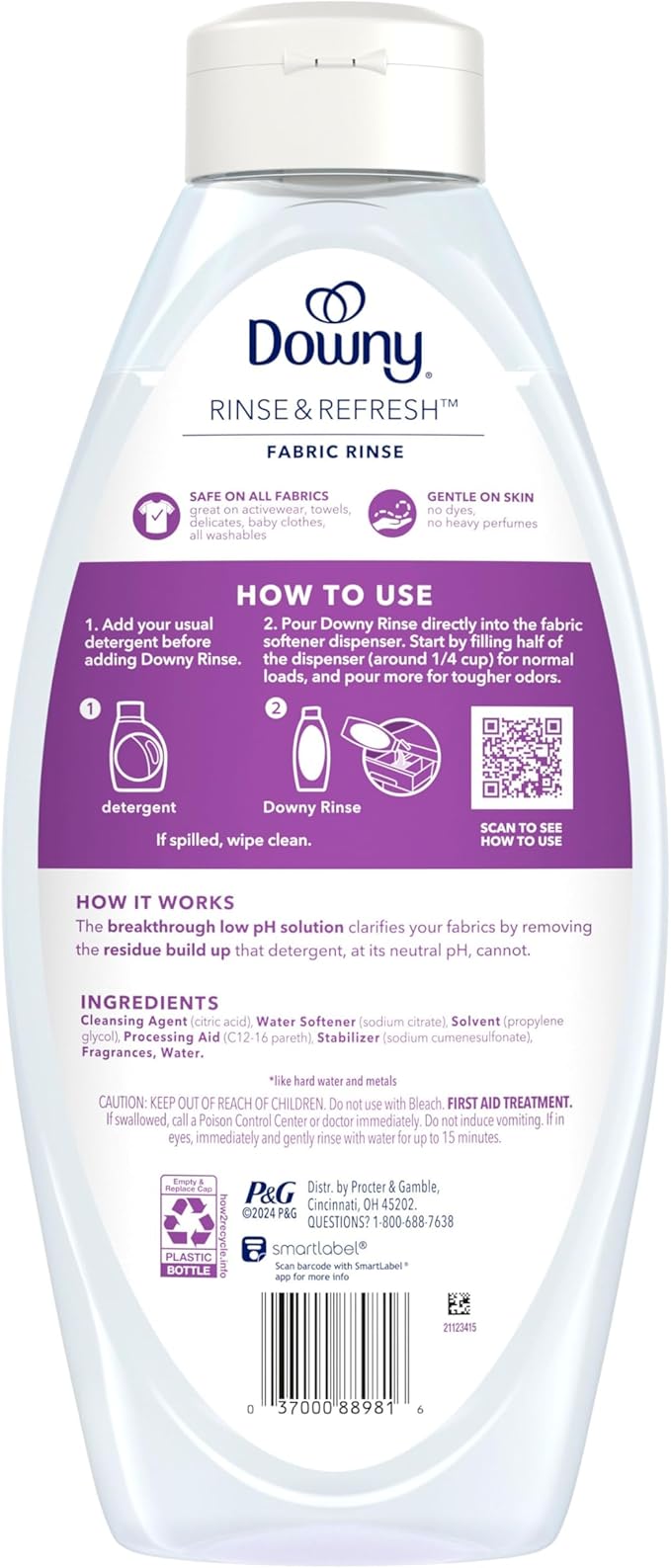 Downy RINSE & REFRESH Laundry Odor Remover and Fabric Softener, Fresh Lavender, 48 fl oz, Safe on ALL Fabrics, Gentle on Skin, HE Compatible