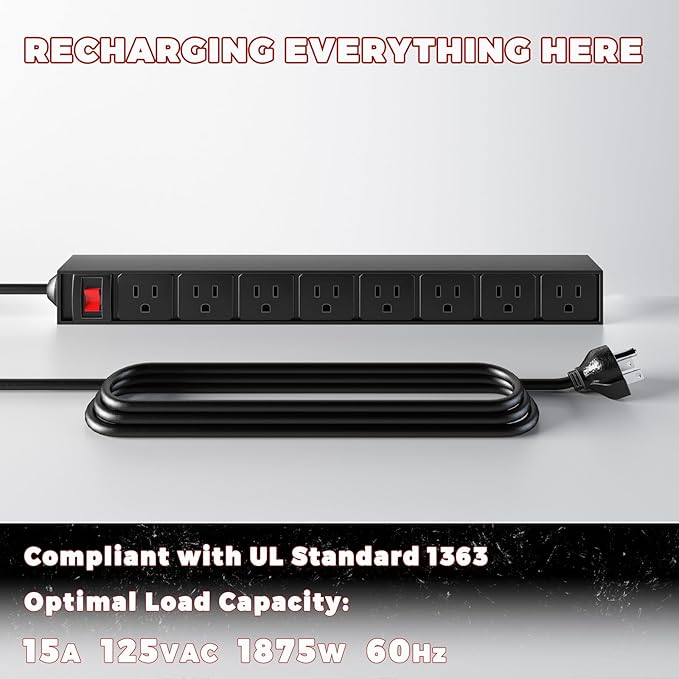 KAFAHOM Power Tool Organizer with Charging Station, Built in 8 Outlet Power Strip, Large 8 Drill Holder Wall Mount, Heavy Duty Metal Power Tool Storage Rack Tool Shelf for Garage Organization Red