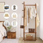 Coat Rack Freestanding Clothing Rack with Wheels & 2 Shelves Storage & 5 Hooks Heavy Duty Clothes Rack Wood Coat Tree Stand Hat Hanger Rack for Corner Bedroom Entryway Living Room Hotel Size L