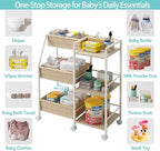 Baby Diaper Caddy Organizer Cart, 3-Tier Rolling Wheels Cart with Dividers and Shelves, Bedside Utility Cart for Nursery Essentials, Large Capacity Mobile Storage Cart for Crib, Bedroom
