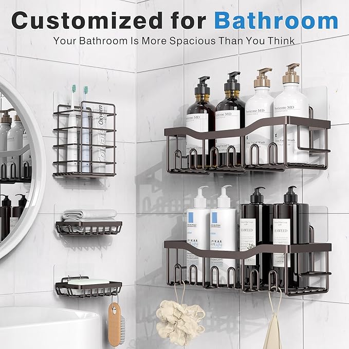 5-Pack Rustproof Stainless Steel Shower Caddy – No Drill Adhesive Bathroom Organizer with Large Capacity, Spacious Shower Shelves for Inside Shower, Kitchen & Home Decor Storage-XL Size