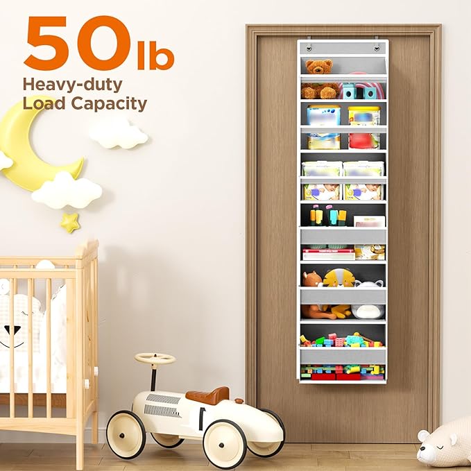 Over The Door Organizer, 6 Shelf Door Organizer Hanging with 6 Large Capacity Pockets, Over The Door Storage Hanging Shelves for Closet Wall Bathroom Closet Bedroom Nursery
