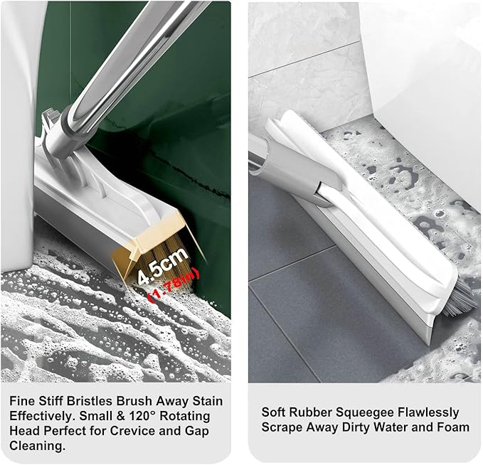 2 in 1 Floor Brush Scrubber with Long Handle Grout Brush 3 Poles 53.5'' New Upgrade Stiff Bristle Cleaning Scrub Brush with Squeegee 120°Rotating Tile Brush for Cleaning Bathroom Glass Patio Kitchen