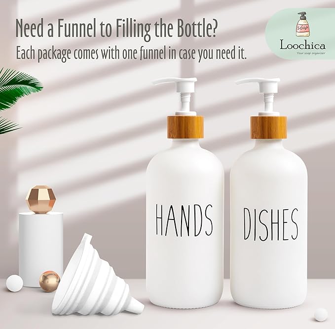 2 Pack White Glass Soap Dispenser Set for Kitchen Sink, Hand and Dish Soap, Matte White Finish, Rustic Decor