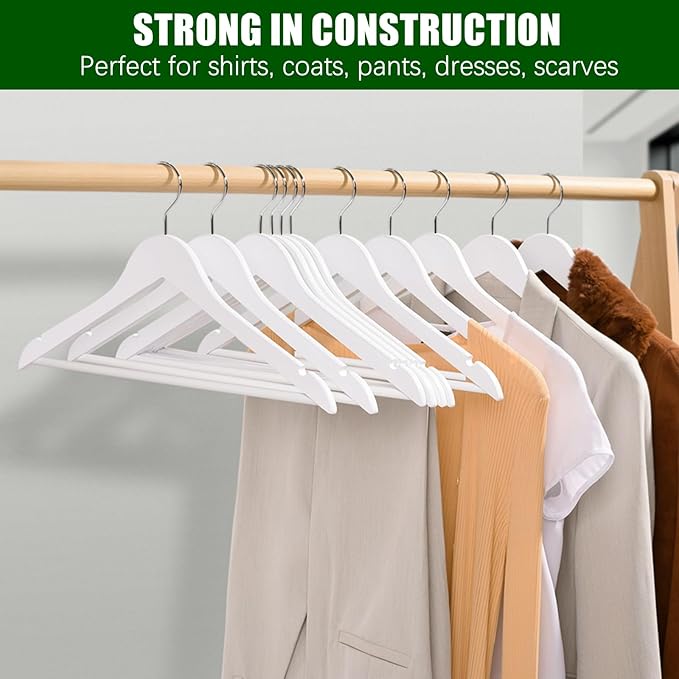 Amber Home 30 Pack White Wooden Coat Hangers, White Wood Suit Hangers with Non-Slip Pant Bar, Clothes Hangers for Closet Organization, Shirts, Jackets, Dresses, and Pants (White, 30)