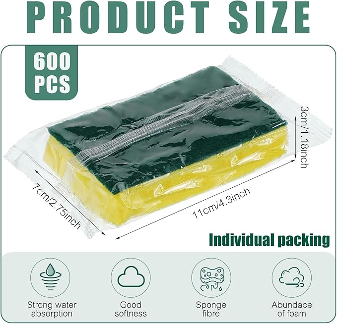 Tanlade 600 Pcs Individually Wrapped Dishwashing Sponge Bulk Non Scratch Scrub Sponges Kitchen Scouring Pad for Household Cleaning Rental Dishes Hotel Apartment Car (Yellow, Green)