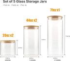 YUNCANG Glass Storage Jars [Set of 5],Clear Glass Food Storage Containers with Airtight Bamboo Lid Stackable Kitchen Canisters for Candy,Cookie,Rice,Sugar,Flour,Pasta,Nuts and Spice Jars(Square)
