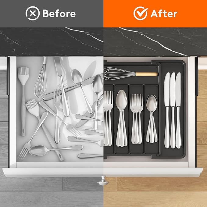 Lifewit Silverware Drawer Organizer, Expandable Utensil Tray for Kitchen, BPA Free Flatware and Cutlery Holder, Adjustable Plastic Storage for Spoons Forks Knives, 8.5"-14.1" x 12.1", Black