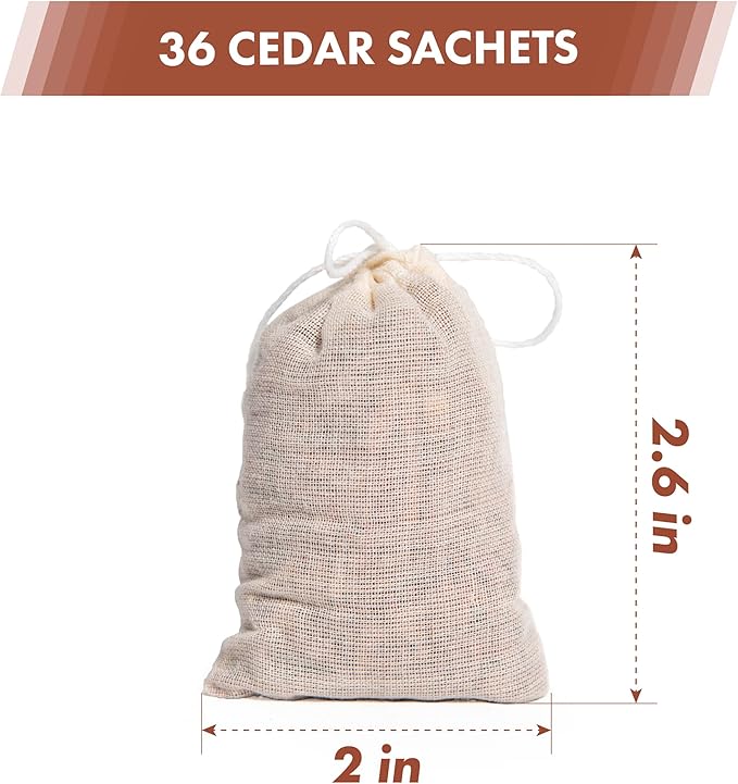Pack of 36 Cedar Sachets Bag, Red Cedar Chips Sachets for Clothes Storage,Home Fragrance Sachet for Drawers and Closets, LV-F-CC-2