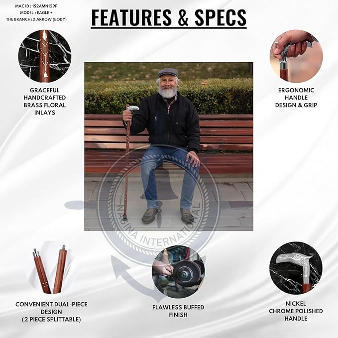 Deluxe Walking Sticks | Rosewood Crafted Cane with Solid Brass Chrome Decorative Bars | Nagina International