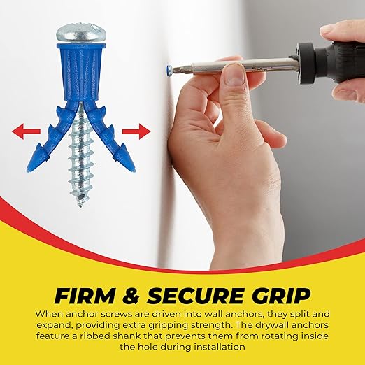 Qualihome Ribbed Plastic Drywall Anchor Kit - Wall Anchors and Screws for Drywall Includes Anchors, & Screws, 1 Masonry Drill Bit - Mounting Tolls for Decor, Furniture, Shelving (10-12 x 1)