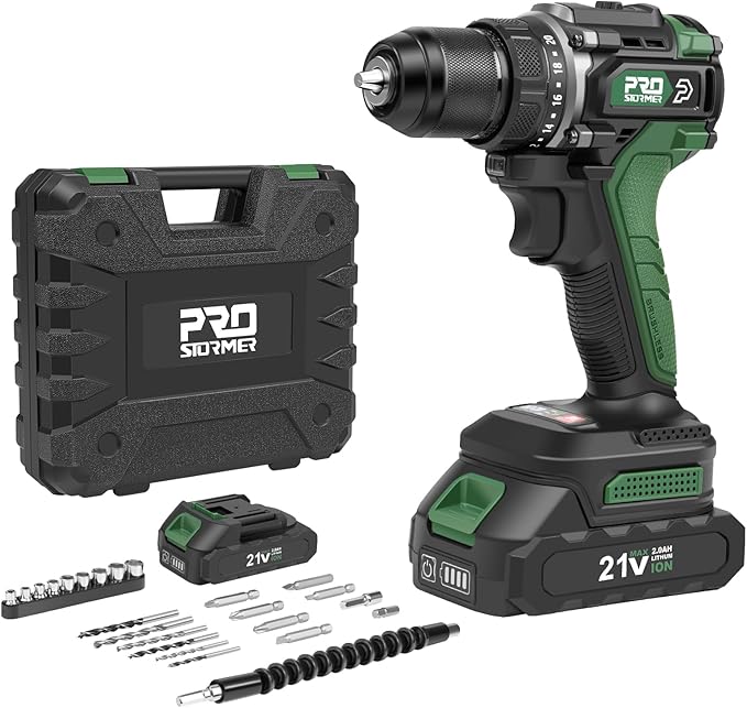 Prostormer Brushless Cordless Drill Set, 575 in.lbs Power Drill Driver, 3/8" Keyless Chuck, 20+1 Max Torque, 2pcs Batteries & Charger with 24 Pcs Drilling Bits & Storage Box