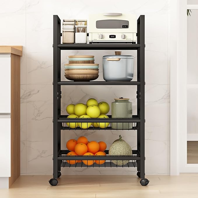 Four-Tier Metal Rolling Rack, Removable Metal Sheets, Grid Baskets with Wheels, Kitchen Storage Cart, Shelf for Pantry, Bathroom, Kitchen, Office, Garage, Black (Medium)