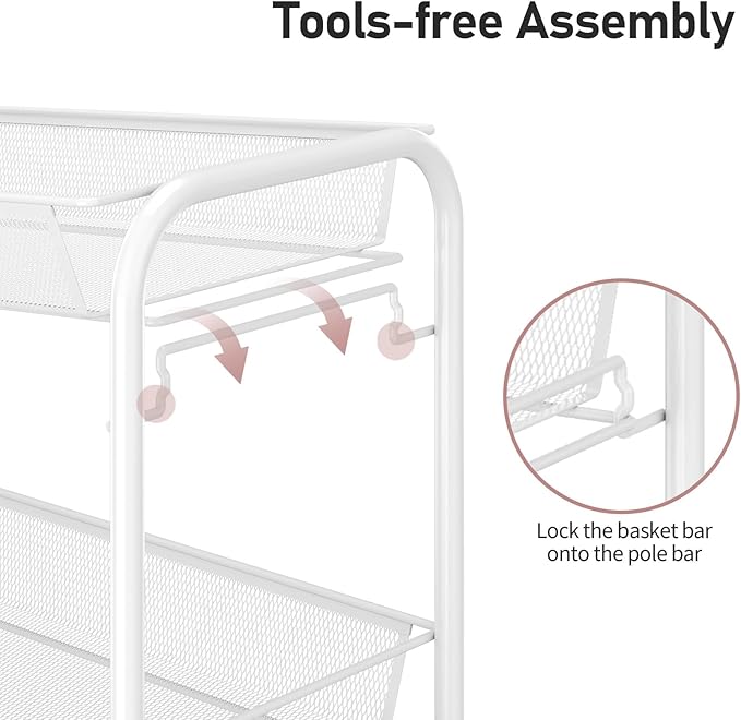 TOOLF 3-Tier Metal Rolling Cart, Mesh Wire Easy Assemble Utility Cart, Storage Trolley on Wheels with 3 Hooks, MetalStorage Shelving Units for Kitchen Bathroom Laundry Room