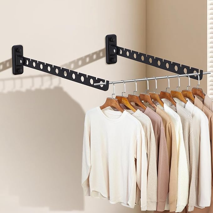 ACNISM Wall Mounted Clothes Rack, Laundry Room Hanging Rack, Retractable & Foldable Drying Rack with 180° Rotation, Space-Saver for Laundry Room & Bedroom, Bathroom Closet Storage, 1-Pack, Black