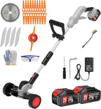 Weed Wacker Cordless Battery Powered Electric Weed Trimmer with 2X 21V/4.0Ah Battery Operated & Wheels 3 Types Blades, 3 in 1 Stringless Grass Trimmer/Edger/Brush Cutter for Garden Yard Lawn(Gray)