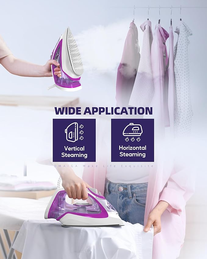 Steam Iron for Clothes, 1750W Iron with Rapid Heating, Non-Stick Ceramic Soleplate, Powerful Steam, Self-Cleaning, Auto-Off, Anti-Drip, 15.21oz Water Tank Ironing Clothes for Home, Purple