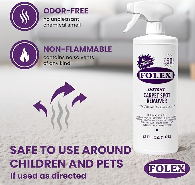 FOLEX 32 oz Instant Carpet Spot Remover Carpet Cleaner with Reusable Cleaning Cloth - Removes Pet Accidents, Grease, Red Wine and More (1 Pack + Refill)
