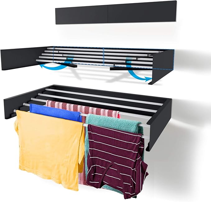 Step Up Laundry Drying Rack (28-INCH Industrial Gray), Wall Mounted, Retractable Clothes Drying Rack, 40lbs Capacity, 11.6 Linear Ft, with Wall Template and Long Screwdriver Bit