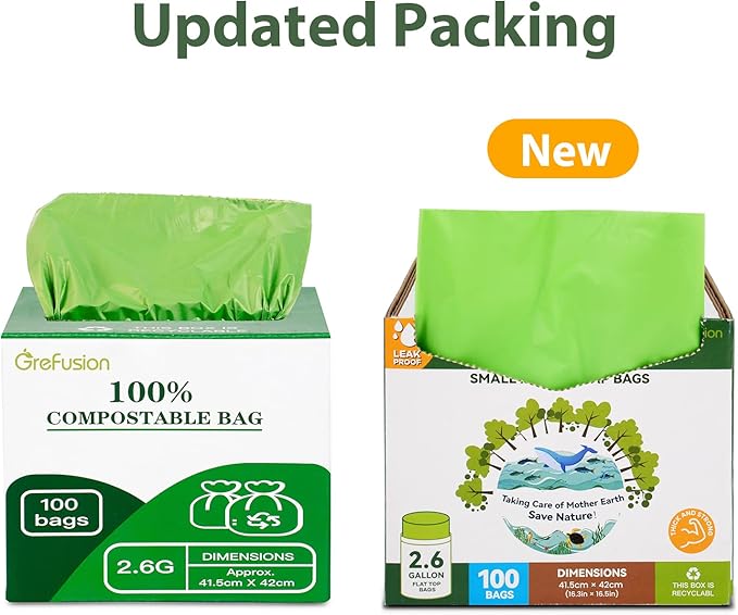 2.6 Gallon Compostable Trash Bags, 100 Count, Extra Thick 0.71 Mil, Certified by BPI and ASTM D6400, Perfect Fit for Small Trash Cans