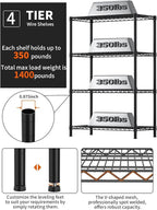 4 Tier Heavy Duty Shelves Adjustable Storage Shelf Organizer Metal Garage Wire Shelving Unit Pantry 18" D x 36" W x 59" H,Black