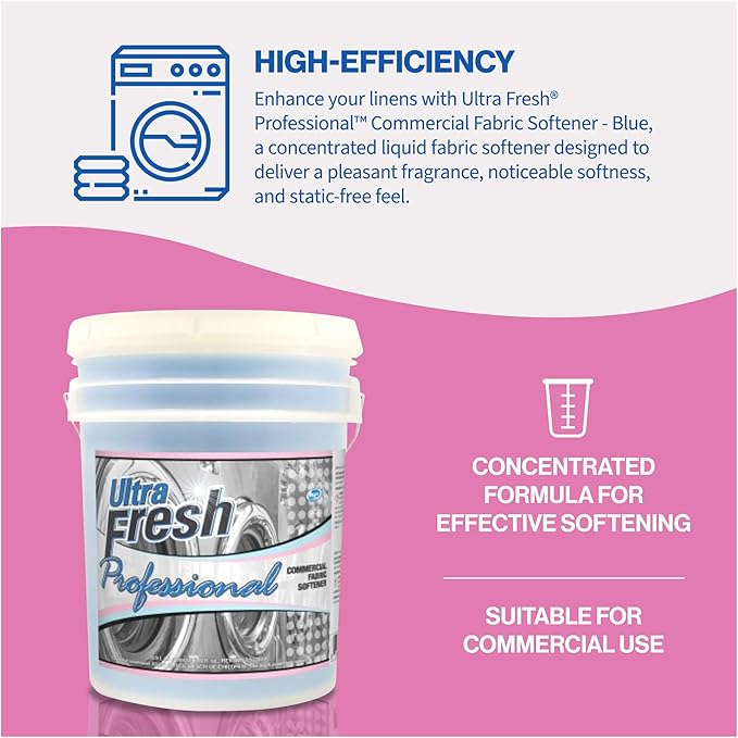 Ultra Fresh Professional 5 Gal Fabric Softener for Commercial Washing Machines, Liquid Laundry Softener, Up to 640 Loads, Blue Spring Fresh Fragrance