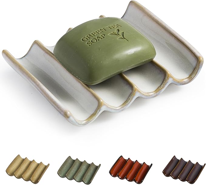 Soap Dish with Self Drain Fluted Design, Bar Soap Holder for Bathroom, Japanese Soap Tray for Shower, Bathroom and Kitchen Sink Organizer, Ceramic Soap Saver, White