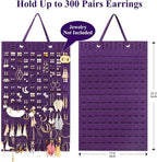 Resovo Hanging Earrings Organizer, Wall Earring Holder with 2 Hooks, Holds Up To 300 Pairs, Compact Design, Soft Material-Dark Purple