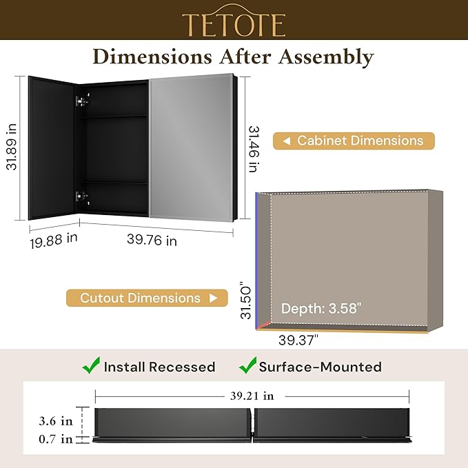 TETOTE 40 x 32 Bathroom Mirror with Storage with Tempered Beveled Mirror Black Medicine Cabinet Aluminum Cabinet DTC Hinges, Stepless Adjustable Shelves, Recessed/Surface-Mounted