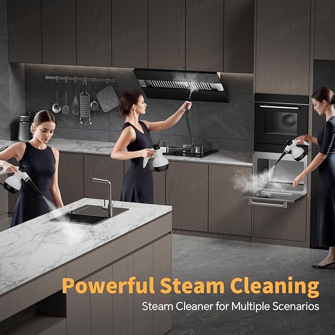 Steam Cleaner, Handheld Steam Cleaner for Home, 16-Piece Steam Cleaner Kit with Automatic Steam Switch, Steamer for Kitchen, Bathroom, Car, Living Room and Multi-Surface Deep Cleaning (White)