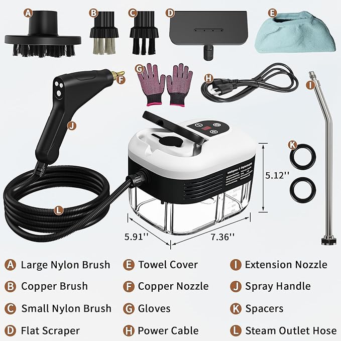 Portable Steam Cleaner, 2500W Pressurized Handheld Steam Cleaner with 1.2L Water Tank, 6 Levels Steam Output, 15s Fast Heating Steamer for Cleaning Home Furniture, Bathroom, Car Detailing (White)