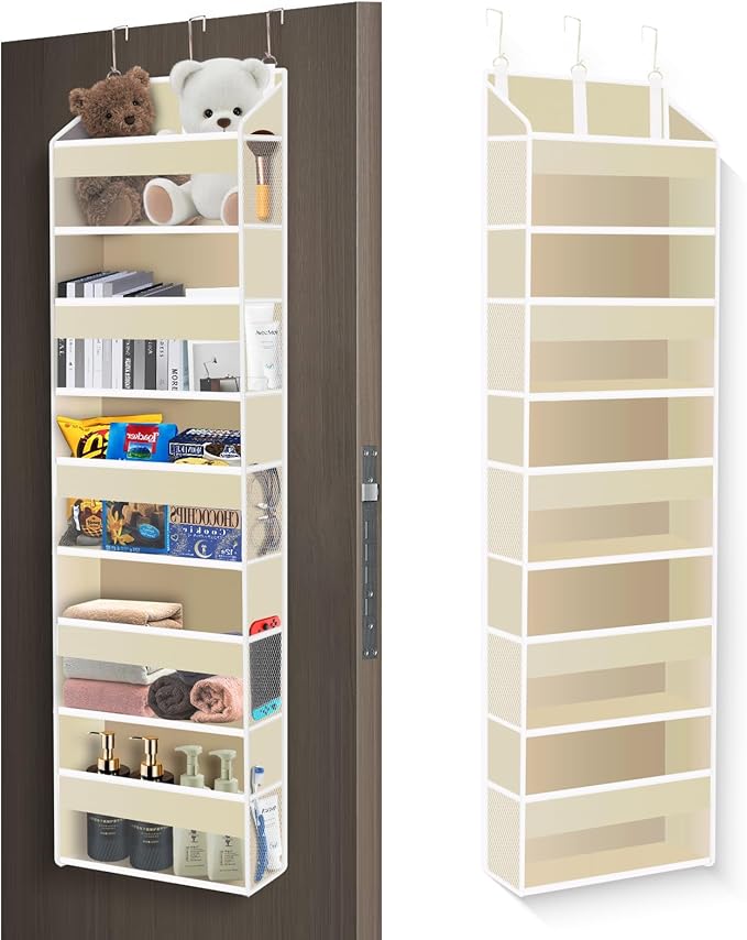 Over the Door Organizer Closet,5 Bins 10 Side Pockets,Hanging Organizer,Anti Tilt 44 lbs Load Door Organizers and Storage with Clear Window for Bedroom,Nursery,Rv,Bathroom,Camper(Beige)