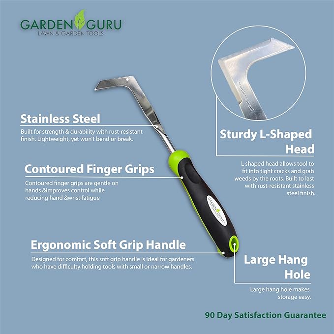 Garden Guru Patio Crack Weeder Tool with Ergonomic Handle – Stainless Steel Weed Puller for Patio Sidewalk Driveway Cracks | Rust Resistant (4 Pack)