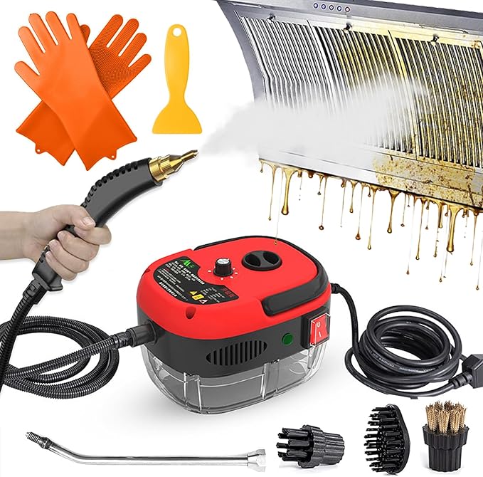 Steam Cleaner, 2500W High Pressure Steam Cleaner for Cleaning, 1.2L Portable Car Steamer with Brush Heads Gloves Scraper handheld Steam Cleaner for Home Use Kitchen Grease Car Detailing (110V, Red)