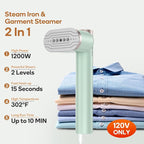 Newbealer Steamer for Clothes, 1200W Portable Steam Iron, 2 Steam Levels, Horizontal and Vertical Steaming, Dry Ironing, 15s Heat Up, Rotatable, 302°F Garment Wrinkle Remover, Green (120V Only)