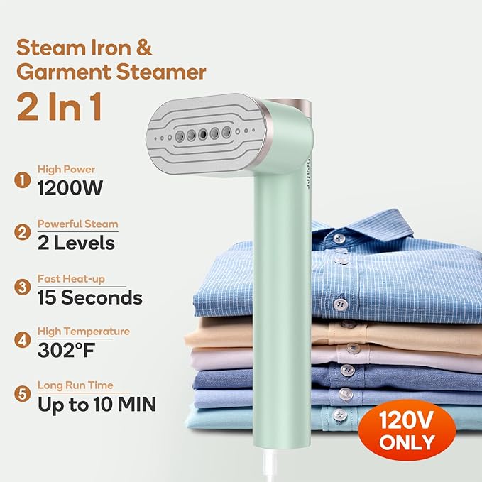Newbealer Steamer for Clothes, 1200W Portable Steam Iron, 2 Steam Levels, Horizontal and Vertical Steaming, Dry Ironing, 15s Heat Up, Rotatable, 302°F Garment Wrinkle Remover, Green (120V Only)