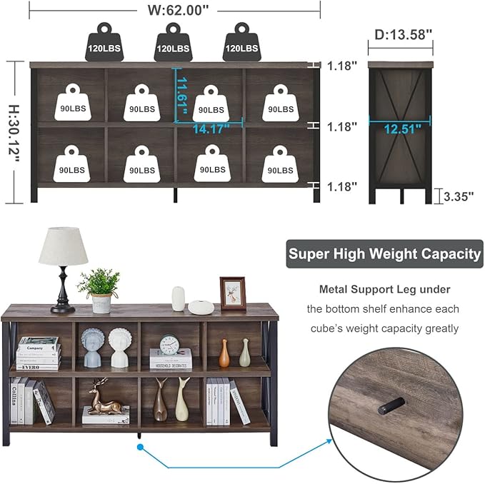 FATORRI 8 Cube Storage Organizer Bookshelf, Rustic Wood Cubby Bookcase, Industrial Horizontal Long Shelf for Living Room (Walnut Brown, 62 Inch)