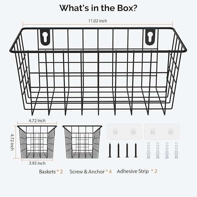 MaraFansie Hanging Kitchen Baskets Wire Storage Basket Adhesive and Screws Basket Over the Cabinet Door Organizer with Adhesive Strips and Screws Accessories, 2 Installations, 2 Pack