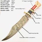 : CUSTOM HAND MADE DAMASCUS STEEL COLLECTIBLE GUTT KNIFE HANDLE MATERIAL BONE USA FLAG ACID ACHING (STAR)