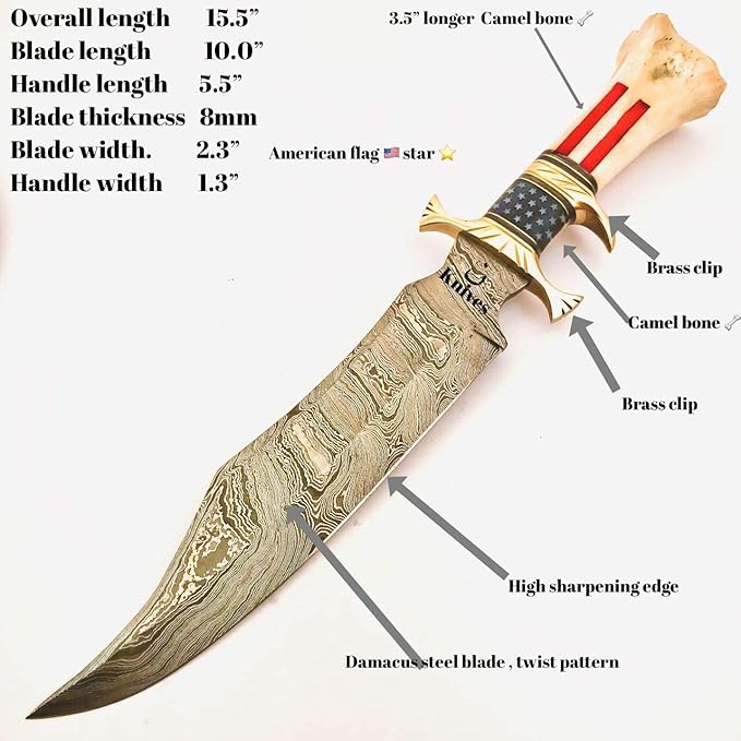 : CUSTOM HAND MADE DAMASCUS STEEL COLLECTIBLE GUTT KNIFE HANDLE MATERIAL BONE USA FLAG ACID ACHING (STAR)