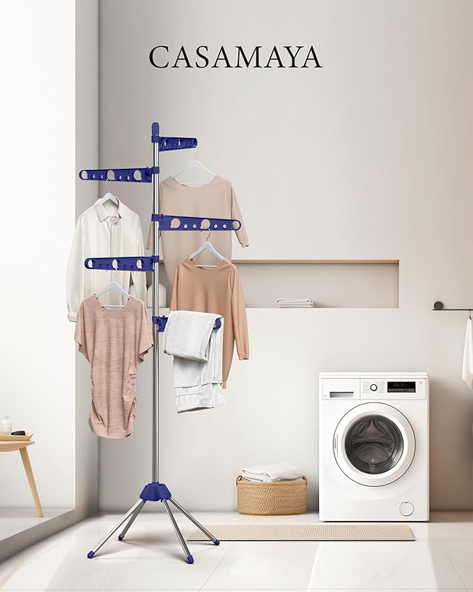 Clothes Drying Rack Foldable, 70.9 inch Tripod Drying Rack for 35 Pieces of Clothes, with Height-Adjustable Rotatable Clothes Rails, Space Saving, Stainless Steel, Blue and Silver CDR005Q01