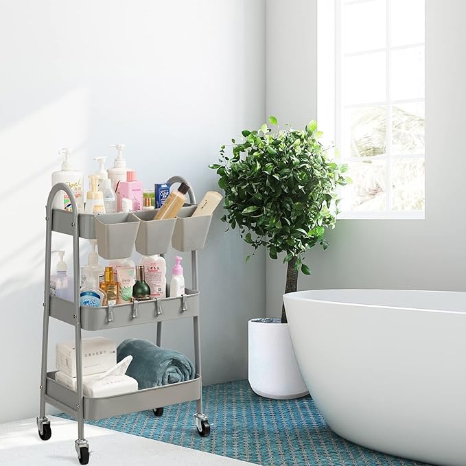 danpinera 3-Tier Rolling Cart, Metal Rolling Storage Cart with Lockable Wheels & Hanging Cups & Hooks, Mobile Trolley Cart for Kitchen, Bathroom, Office, Workshop, Gray
