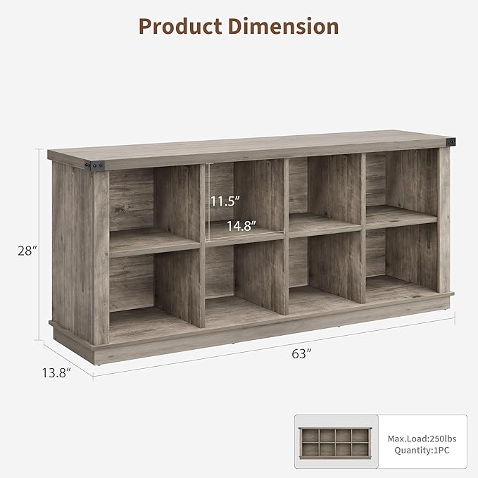 GarveeHome 8 Cube Storage Organizer Bookshelf, Farmhouse Horizontal Bookcase, 62 Inch Wood Storage Bookcase for Entryway, Long Low Bookshelves for Living Room (Grey, 8 Cube)