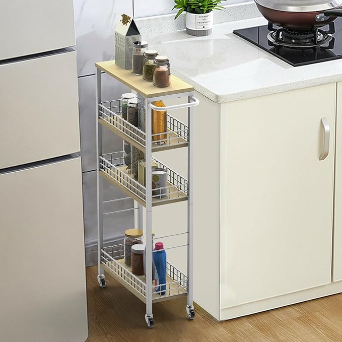 Slim Storage Cart White Narrow Storage Cabinet 4 Tier Laundry Room Organization Mobile Bathroom Shelving Unit Organizer Rolling Utility Cart Slide Out Kitchen Cart Tower Rack for Narrow Places 7.08’’W