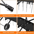 48" Tow Behind Lawn Dethatcher, Pull Behind Rake with 24 Rust-Proof Tines and Heavy Tires, Lawn Tractor Rake with Lift Handle, Black Tow Behind Rakes to Remove Thatch, Leaves from Large Lawn Area