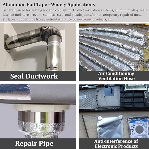 6Rolls Aluminum Foil Tapes, HVAC Duct Tape Heavy Duty, Silver Metal Adhesive Insulation Tape (3.9mil, 2"x65 Feet) High Temperature for Pipe Ductwork, Sealing Patching Heat Cold Air Ducts, Dryer Vents