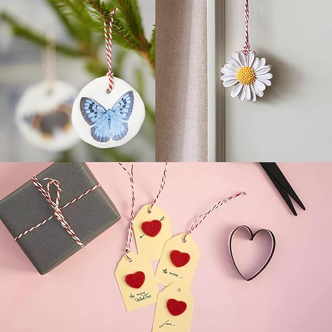 Benvo Pack of 2 Green White Cotton Twine and Red White Packing String Christmas Xmas Twine Rope Ribbon Cord for Baking, Butchers, DIY Crafts Wrapping Ornaments Hanging 656 ft Long