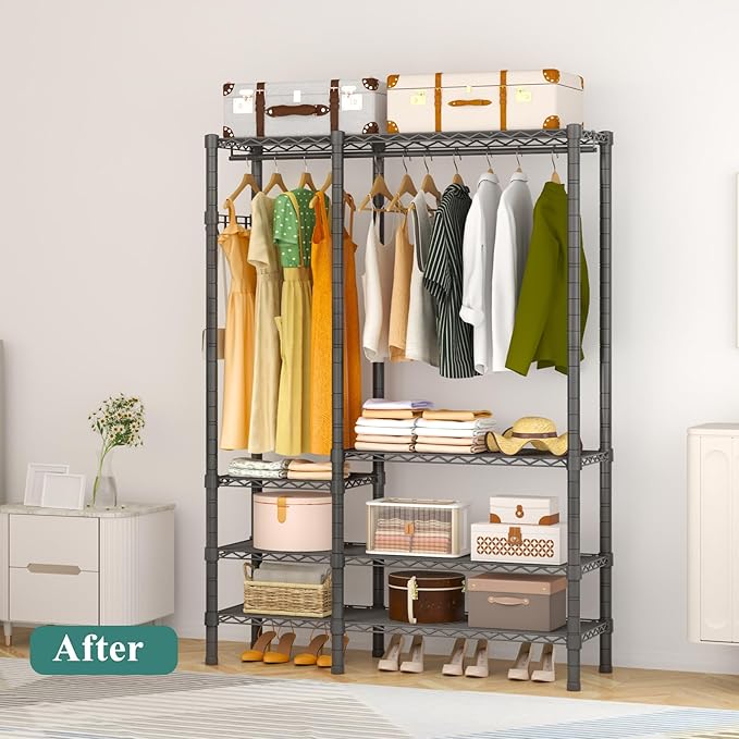 Heavy Duty Garment Rack, Metal Freestanding Closet Wardrobe Clothes Racks for Hanging Clothes, 4 Tiers Adjustable Wire Shelving, 44.9'' L x 16.5'' W x 76.8 '' H, Max Load 850LBS, Black