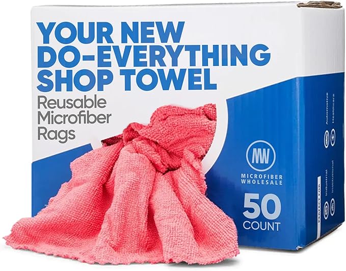Microfiber Shop Towels | MWipes Reusable Red Shop Rags | 50 Rags in a Box (400 Count) | Super Absorbent, Machine Washable Hundreds of Times | Automotive, Paint, Industrial, Detailing