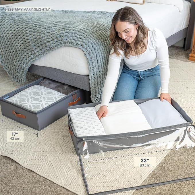 OrganiHaus Under Bed Storage Containers, Bedroom Storage and Organization Bins, Clothes Organizer for Closet with Clear Cover and Reinforced Handles - Set of 2 33x17x6 inches Gray